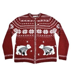 Croft‎ & Barrow Snowflake Cardigan Sweater S Fair Isle Red Polar Bear Full Zip